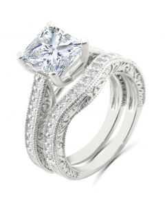 14K White Gold Engagement Ring Set 1.50ctw Diamond and Moissanite Princess Cut Center