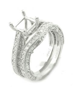 14K White Gold Semi Mount Bridal Set Rings Setting 1/2ctw Antique Style Fits 6mm Princess Center 