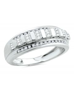 10K White Gold Mens Wedding Band Ring Baguettes and Round Diamonds 0.45ctw 8mm Wide Band (i2/i3, I/j)