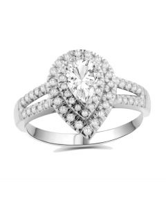 10K White Gold Tear Drop Engagement Ring Moissanite Solitaire and Diamonds Split Sides 0.42ctw (i2/i3, I/j)