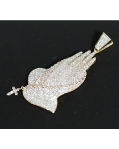 PRAYING HANDS PENDANT WITH ROSARY REAL DIAMOND 10K SOLID GOLD 0.75CT MENS CHARM