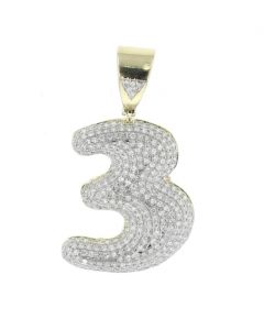 Number 3 Charm Diamond Pendant for Men or Women 10K Gold Number 3 0.87ctw 1.5 Inch Tal