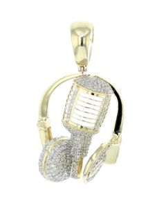 10K Yellow Gold 1.65 Inch DJ Headphone & Microphone Diamond Pendant Charm 1.35ctw 42mm Tall