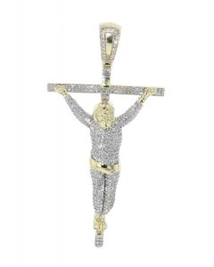 Diamond Cross Charm Mens Large Crucifix Pendant 10K Gold 1.35ctw Diamond Jesus on Cross 65mm 2.5 Inch Tall
