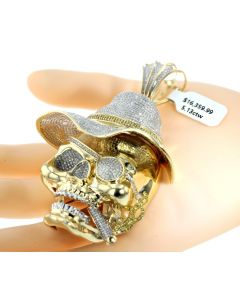 10K Yellow Gold Skull with Top Hat and Cigar Big Charm Pendant 5.13ctw Diamonds