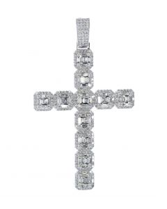 14K White Gold Baguette Diamond Cross Large Mens Cross Pendant 3.43ctw 