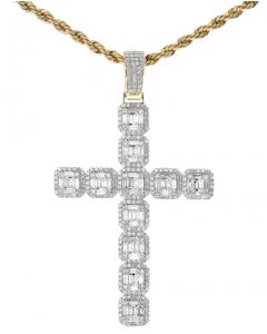 14K Gold Baguette Diamond Cross Large Mens Cross Pendant 3.43ctw 