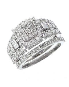 White Gold 14K Beautiful Engagement Ring Set For Her With 1.94ctw Round and Baguette Diamonds