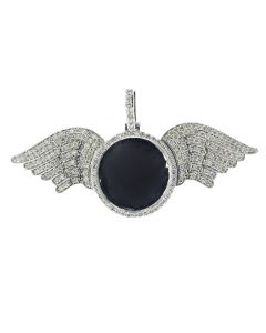 10k White Gold Round Designer Memory Picture Pendant with Wings 3Ctw Length 35mm and Width 73mm