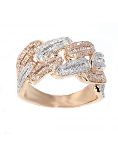 Miami LInk Style Mens Ring Rose and White Gold Baguette and Round Diamonds 10K 0.94ctw 13.5mm 
