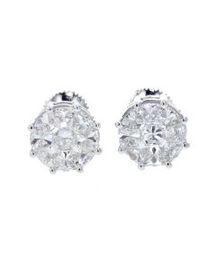 14K White Gold Diamond Earrings 1.44ctw Fancy Cut Round Studs Mens or Womens Earrings 9mm Size 
