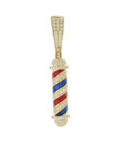 10k Yellow Gold Classic Barber Shop Pole Charm with 0.26Ctw Diamonds 33mm Long 4mm Wide