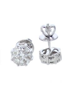 18K White Gold Diamond Earrings Round 7mm 8 Prong Pie Cut Fancy Shaped Diamond in Illusion Setting
