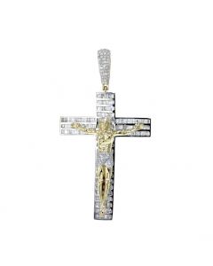 10K Gold Diamond Cross Pendant Mens Crucifix Charm Baguette and Round Diamonds 2.5 inch Tall 