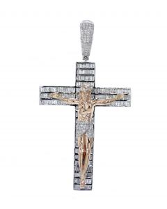 Diamond Cross for Men 10K White Gold with Rose Gold Crucifix Baguette Diamonds 2.5ctw 2.5 Inch Tall