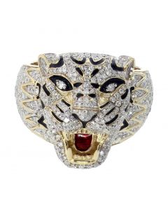 10K Gold Diamond Mens Ring  Tiger Face Ring with black and red effect 2.19ctw 20mm wide face 14.4g Ring weight