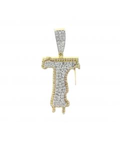 10k Yellow Gold Diamond Mens Pendant Initial Pendant Letter Alphabet T,  2.6gram 0.52ctw 30mm tall Mens Pendant