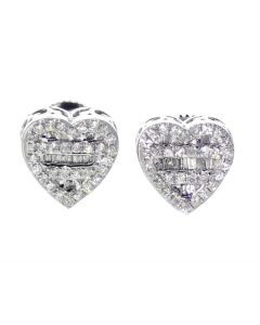 10K White Gold Heart Shaped Earrings With Baguette And Round Diamonds 0.42CTW 