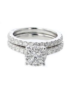 14K White Gold Round Cluster Top Illusion Set Engagement Ring And Matching Wedding Band With 2.15CTW Diamonds 