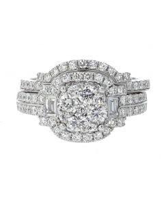 14K White Gold Clustered Center With Two Fancy Side Baggutte Diamonds 