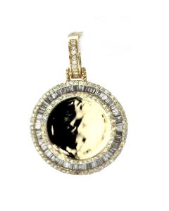 14K Gold Picture frame Pendant Round Medallion Baguette and Round Diamonds 1.16ctws