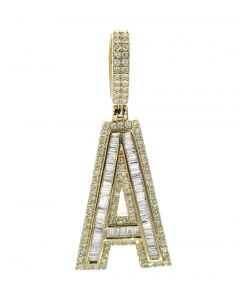 10k Yelllow Gold Baguette and Round Diamond  Letter A Pendant Initial A Pendant 2.00ctw  49mm Tall 19mm Wide Pendant for Womens or Mens Pendant