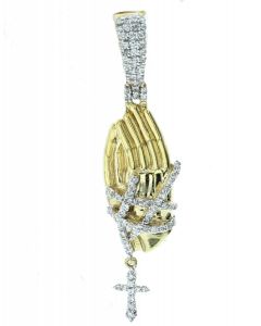10K Gold Praying Hands With Rosary 0.23Ctw Diamond Pendant 