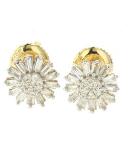 10K Yellow Gold Flower Earrings w/ Baguettes 0.31ctw Diamond 