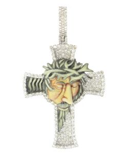 10K White Gold Jesus Face Cross Pendant with 2.4ctw Diamond 
