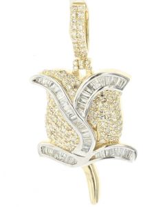 10K Yellow Gold Rose Pendant w/ Baguettes 1Ctw Diamond 