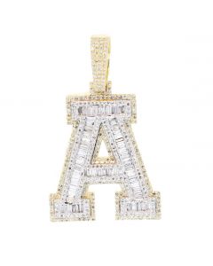 Diamond Initial Pendants For Men 10k Gold With Baguette and Round Diamonds, Letter A to Z 1.8-.5ctw 1.1 Inch plus Loop (Letter I)