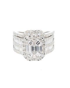 14K White Gold Radiant Cut Bridal Ring Set With Round and Baguette Side Diamonds 2.80ctw