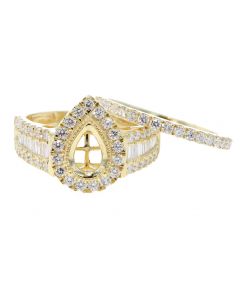 1.4 CTW Diamonds Semi Mount Bridal Rings Set 14K Yellow Gold Fits Pear Cut Diamond