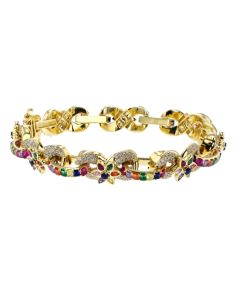 3.5 Carat Diamonds 10k Gold Infinity Links and Multi-Colored Stones Flowers Bracelet 8.5 inches 10mm