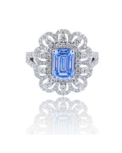 14KT White Gold Ring 5.13 CT Lab Diamonds 2.0 CT Blue Center with Vintage Radiant Style