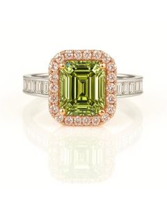 14kt IGI Certified Lab white gold with 2.0 carat Emerald Fancy Intense Green surrounded by halo pink diamonds. 
