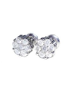 1ct Diamond Stud Earrings 8mm Wide Sterling Silver Cluster Flower Set