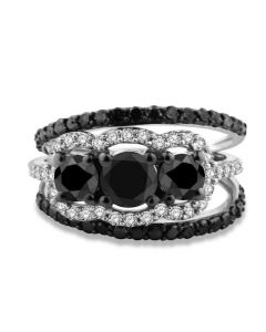 2ct Black and White Diamond Bridal Ring Set 10K White Gold 3 Stone Style 3pc Set