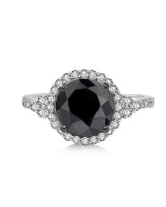 2ct Black Diamond Bridal Engagement Ring Solitaire White Diamond Halo 10K White Gold