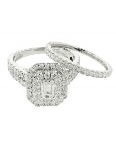 14K White Gold Bridal Set With Emerald Cut Solitaire Center Double Halo Style With Matching Band 2.00ctw
