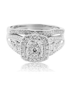 0.39ct Diamond Bridal Wedding Ring Set 10K White Gold Vintage Inspired 10mm Wide