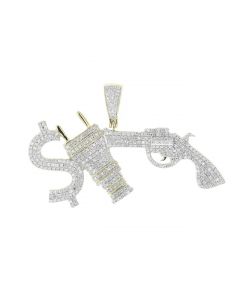 10K Gold Diamond Pendant for Men Hip hop Fashion Charm Gun Dollar Plug Money Plug Gun 1.00ctw 1.1 Inch Tall
