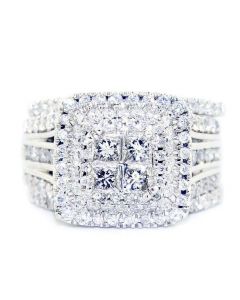 2ct Princess Cut Diamond Bridal Ring Set 14K White Gold 14mm Wide Square Halo