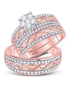 10K Rose Gold His and Her Rings Set Trio Wedding Ring Set Pink Gold 1.00CTW Diamonds
