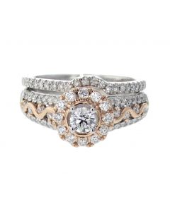 14K White Gold Bridal Set Two Tone Rose Gold and White 1.00ctw Round Halo Style 10mm Wide