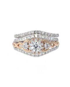 Diamond Ring Set for Her 14K White and Rose Gold 0.90ctw Chevron Style Wide Set