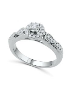 14K White Gold Diamond Ring Engagement Ring Round Solitaire Center and Halo 0.3CT Ornate