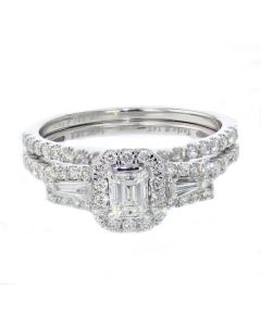 Emerald Cut Diamond Engagement Ring and Band Set Baguette Side Diamonds 14K White Gold 1.00ctw