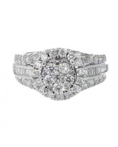 14K White Gold Womens Ring 2.00 ct w Diamonds Halo Style Baguette and Round Side Diamonds