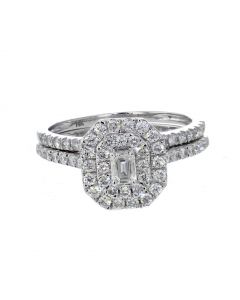 White gold Bridal Set Emerald Cut Solitaire Center Double Halo Style 14K White gold 1.00ctw